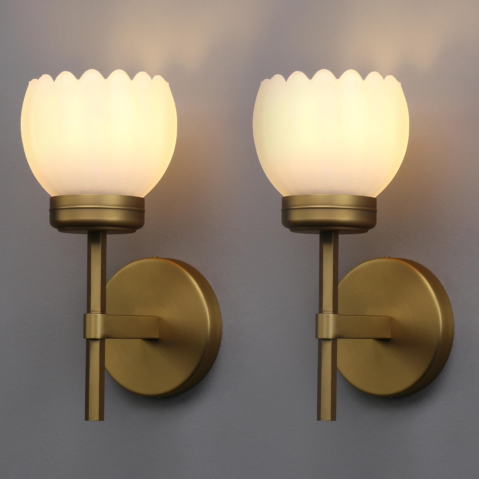 Photo 1 of Yosoan Brass Boho Indoor Vintage Wall Sconce Set of 2, Modern Vanity Gold Industrial Hardwired Wall Mounted with Milk Transparent Tulip Flower Shade for Living Room Bedroom Kitchen Hallway(Antique)