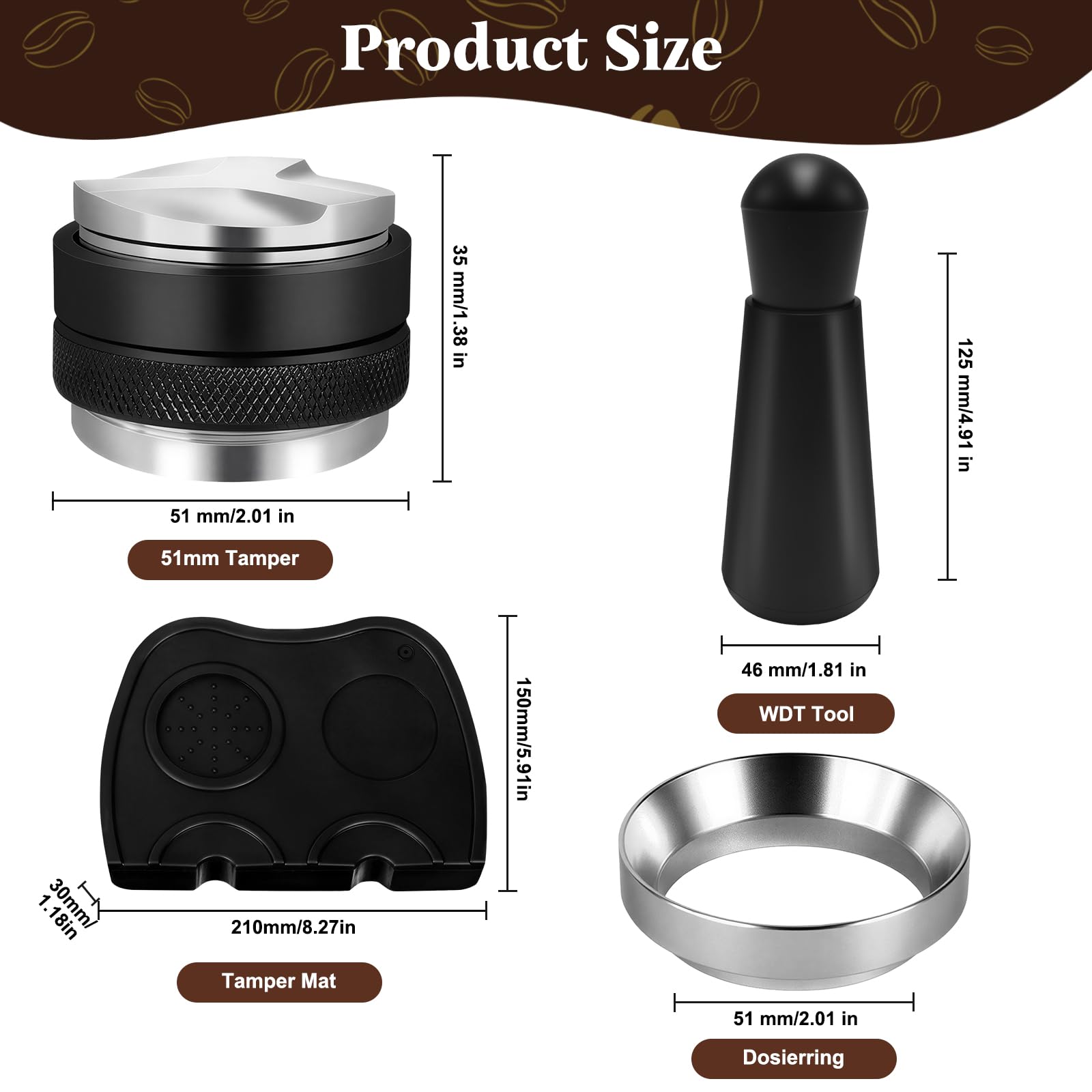 Kit Barista 4 en 1 – Distribuidor/Nivelador de Café, Herramienta WDT con Agujas 0.35 mm, Anillo Dosificador Magnético y Tapete de Silicona, para Hogar y Cafetería Profesional