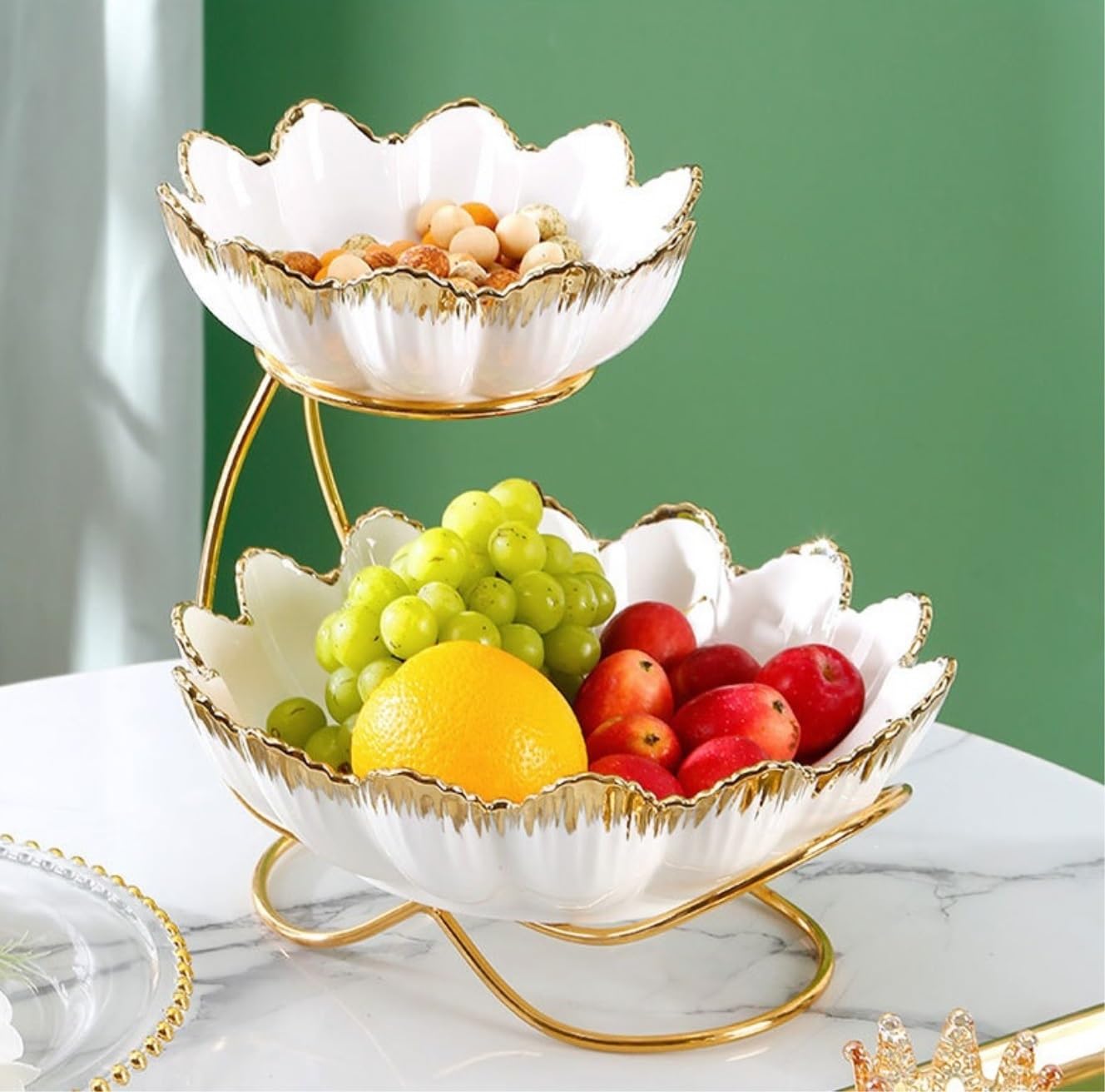 Miska na Owoce, Dekoracja Stołu Ceramiczny Kosz Na Owoce Podstawa Metalowa Miska Na Owoce Do Wystroju Salonu Miska Na Cukierki Kosz na Warzywa(White)