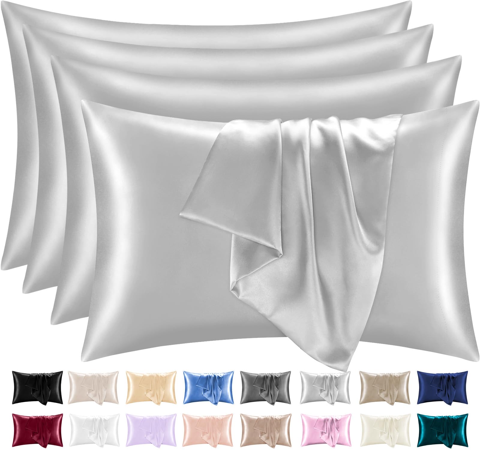Lazzaro Home Feel The Difference 01 - Grey Lazzaro Satin Silk Pillowcases For Hair And Skin - Hypoallergenic Silk Pillow Cases 4 Pack With Envelope Closure - Ultrasoft Standard Size Grey Silk Pillowcases (50 X 75 Cm)