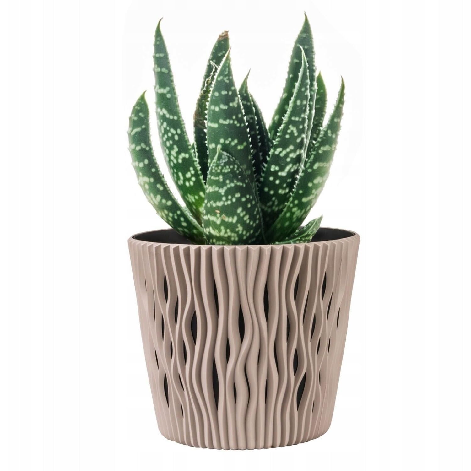 B2C Indoor Plant Pots with Insert Plastic Flowerpot Small Large Planter Home Decor Wavy Grooves Texture Removable insert (Mocca, 19cm)