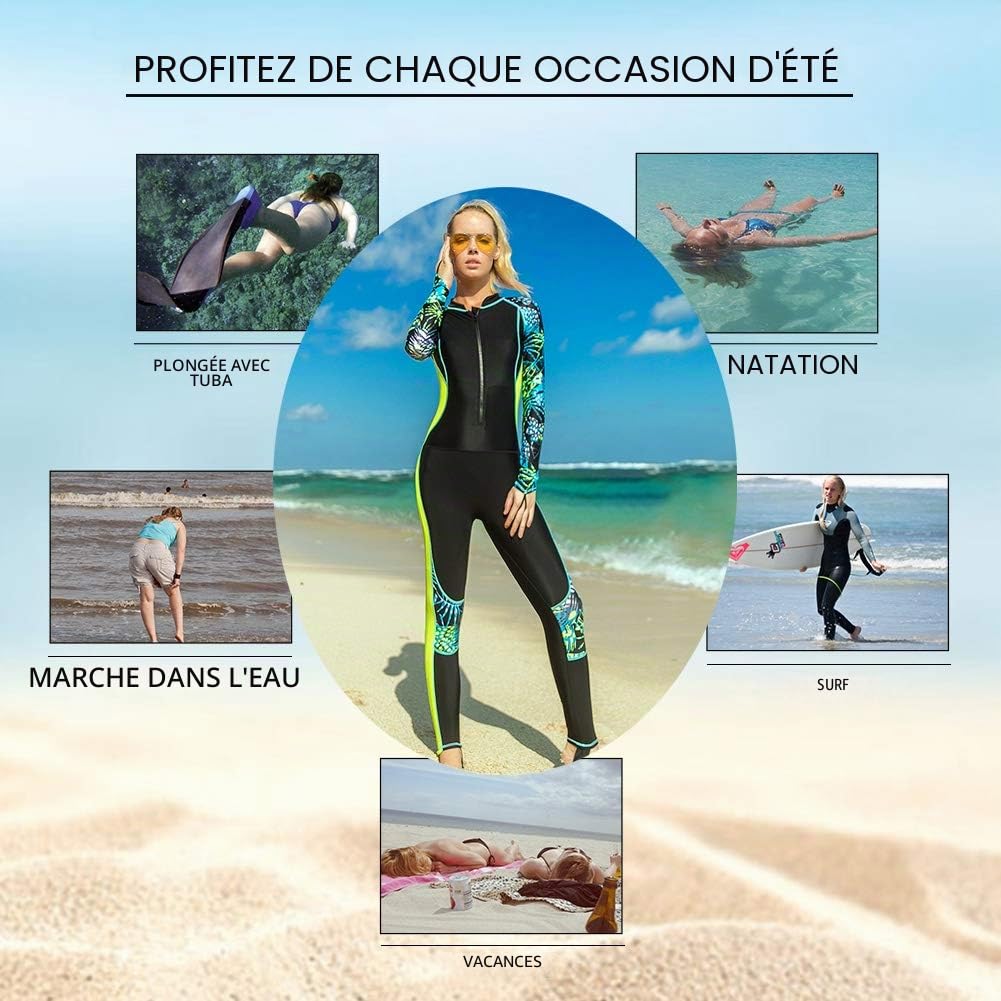 Maeau - Maillots de Bain Une Pièce Anti-UV Séchage Rapide pour Femmes Combinaison de Bain d'été Manche Long Zip Slim pour Mer Natation Surfing Justaucorps de Plage Résistant au Chlore et au Sel