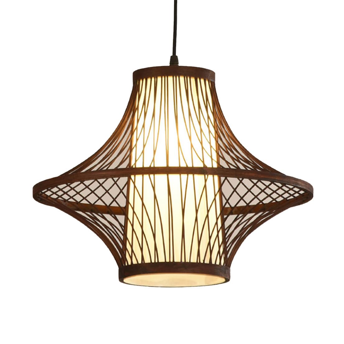 CSSYKV Farmhouse Bamboo Cage Chandelier Mid-Century Light Fixture, 2-Layer Faux Parchment Lampshade Natural Wicker Bamboo Hanging Pendant Lighting for Entryway Bar Foyer Hallways