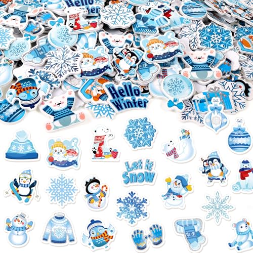 HOWAF 300pcs Winter Foam Stickers Christmas Snowflake Snowman Penguin Polar Bear Foam Self-Adhesive Stickers for Christmas Party Wondeland Holiday DIY Crafts Sticker Winter Decorations Decals