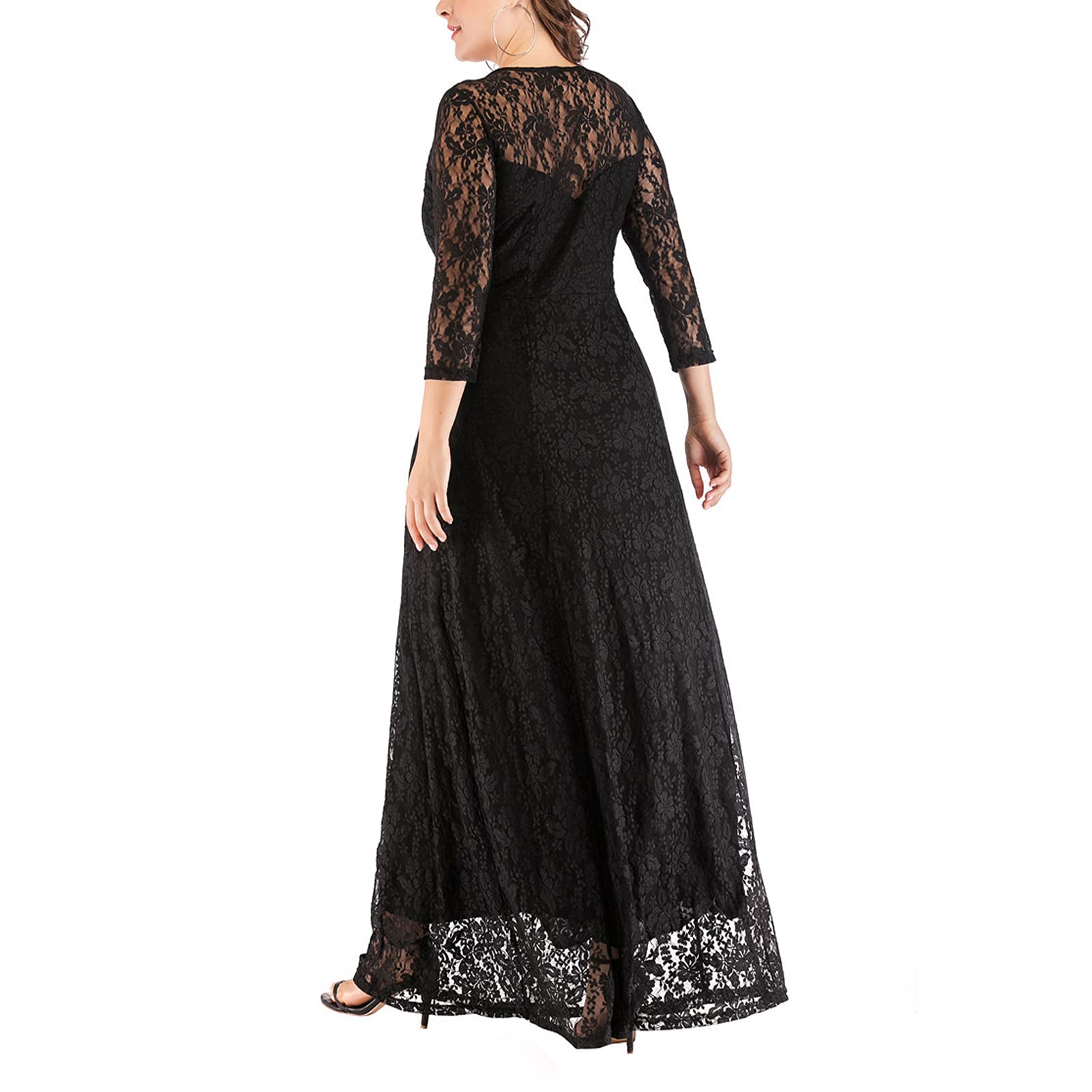 Donne Plus Size Girocollo Chiffon Pizzo Maxi Abiti Da Donna Estate Manica Lunga Backless Sexy Wrap Abito Lungo Beach Party Dress nero-2XL