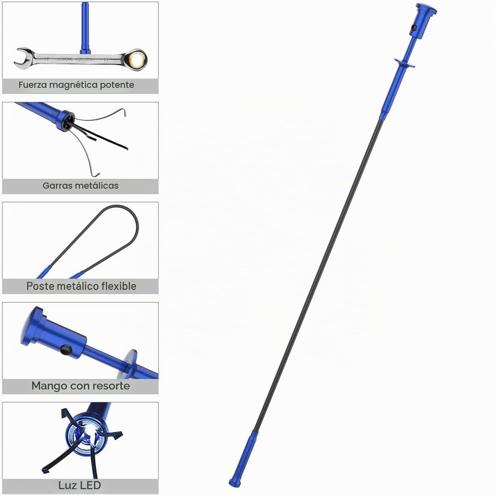 Housolution Recogedor Magnético de Cuatro Garras, Barredora de Recogida de la Manguera Flexible con LED Luz, Herramienta de Ayuda Flexible y Larga para Recolección de Basura - Azul