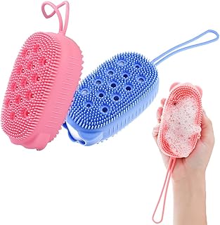 DI QIU REN 2 Pack Exfoliating Silicone Body Scrubbers, Doubled-Sided Shower Bath Loofah Sponge for Use in Shower,SPA Massage Skin Care Tool for Baby Kids Men Women Family (Blue-Pink)