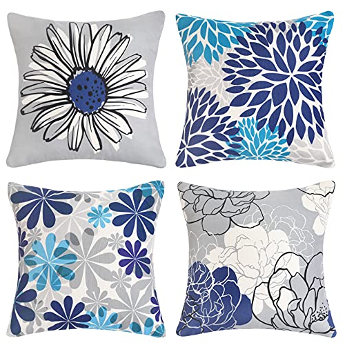 Fundas de Cojines 45x45cm Modernas Daisy Lino Funda de Almohada Decorativos Bonita Flor Azul Marino...