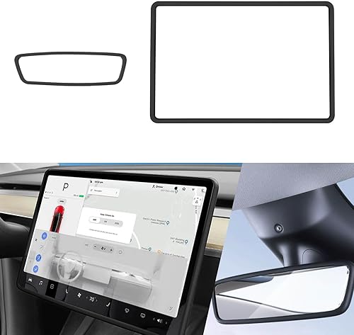 2 piezas marcos protectores de silicona para pantalla y espejo retrovisor para Tesla Model 3 2017-2023 y Model Y 2019-Feb.2025. (Negro)