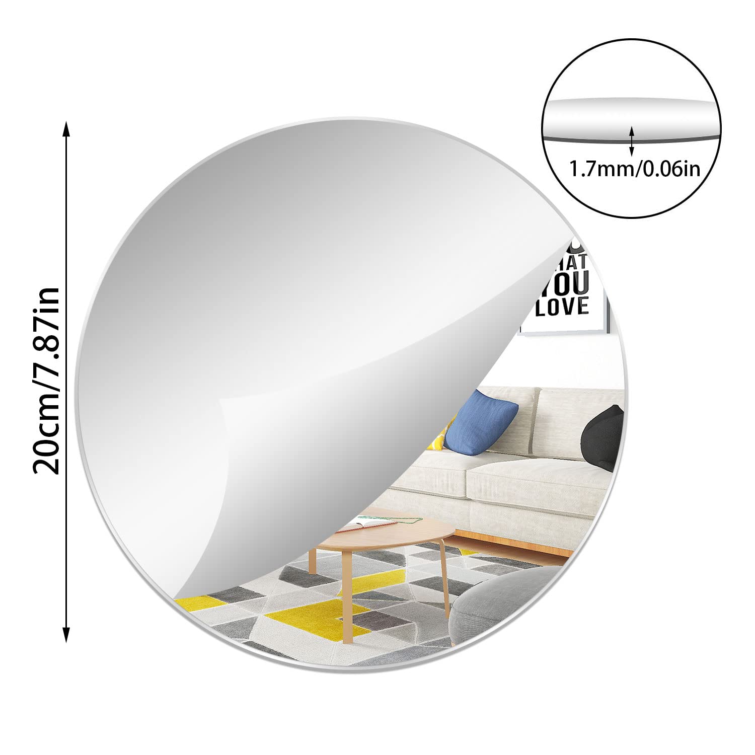 2 Miroirs Ronds Acrylique 20cm - Autocollants, Réfléchissants, Pour Décoration Murale Maison