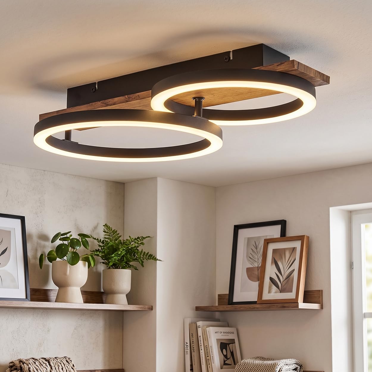 HOFSTEIN LED Deckenleuchte Cascada, Deckenlampe aus Metall/Holz/Kunststoff in Schwarz/Braun/Weiß, 18 Watt, 3000 Kelvin, Leuchte im modernen Design für Schlafzimmer, Esszimmer, Wohnzimmer, Küche, Flur