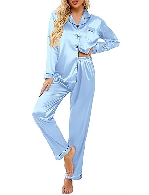 Ekouaer Women's Classic Button Down Long Satin Silk Pajama Set