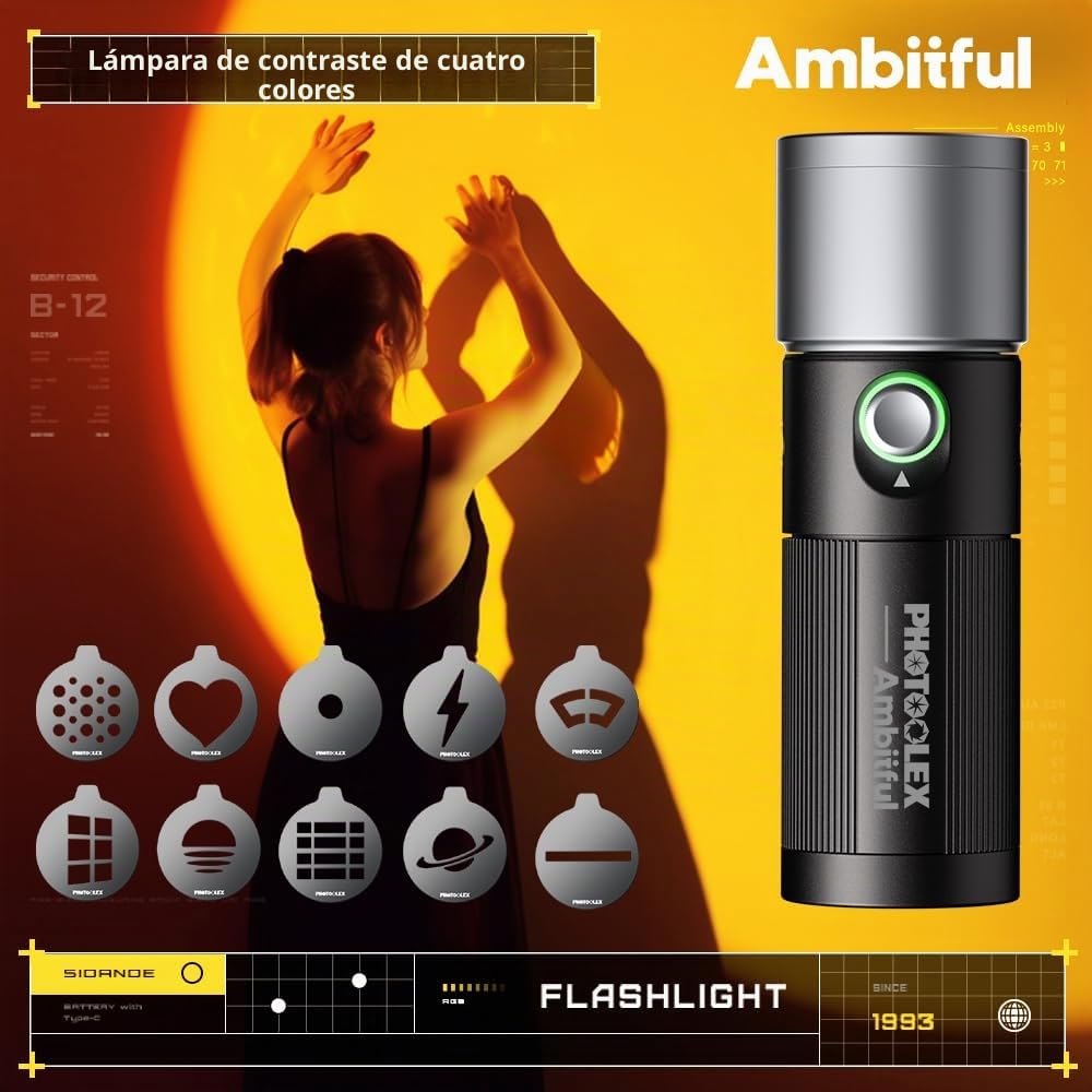 AMBITFUL Linterna de mano LED para fotografía, 4 colores, faro de fotografía portátil con 20 gobos, aleación de aluminio de 8400 mAh recargable, luz de relleno, vídeo, creación de contenidos