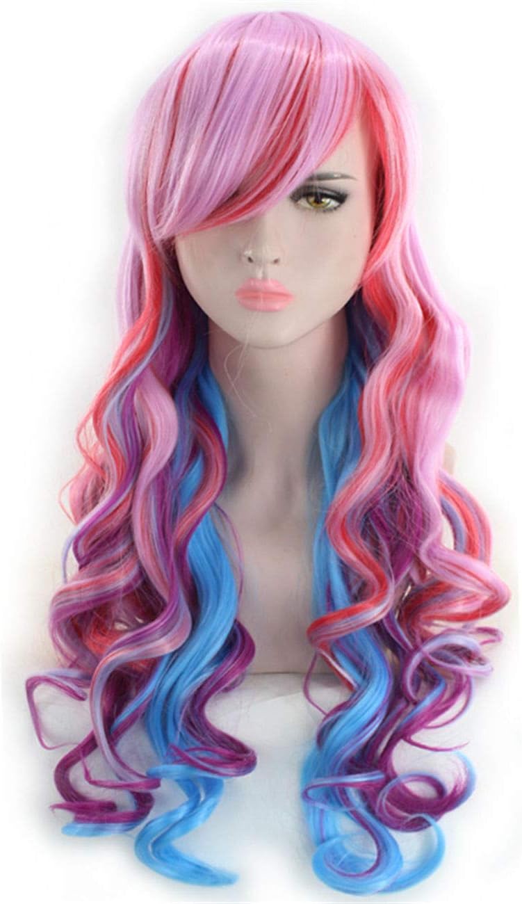 Long Curly Multi Color Rainbow Wig Halloween Anime Cosplay Wigs for Women Girls 24 Inches Long Wavy Heat Resistant Colored Cosplay Costume Lolita Wigs