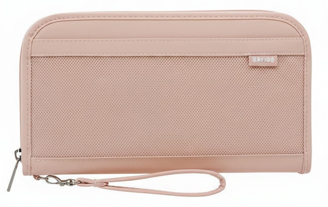 WildHorn Women’s Polyester Travel Wallet Organizer | Passport Holder with 10 Card Slots, Cash & Document Sections | Zip-Around Wristlet Wallet for Travel & Daily Use (Pink)