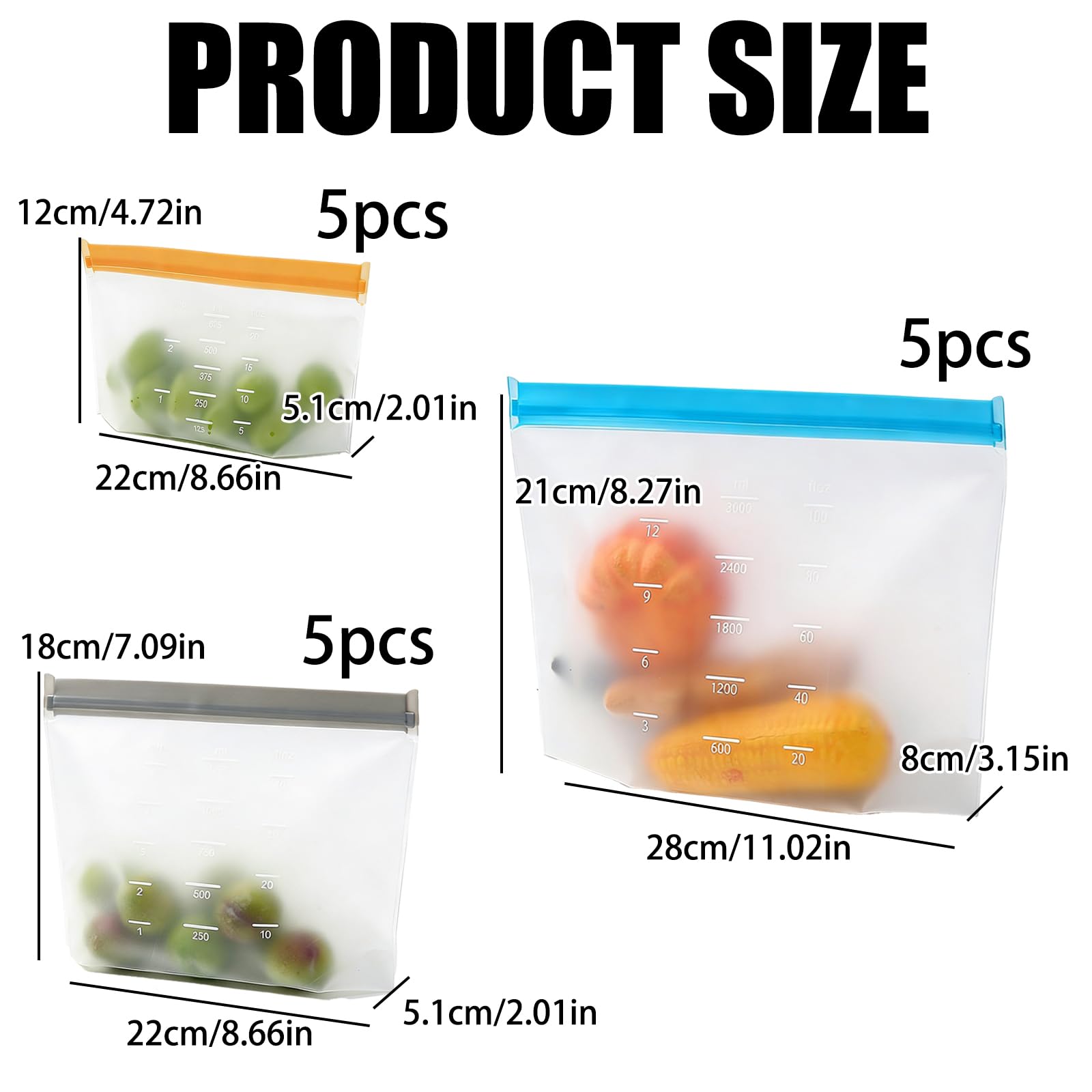 Sacchetti riutilizzabili per alimenti in PEVA, confezione da 15, senza BPA, chiusura ermetica con cerniera, adatti per congelatore e lavastoviglie, 650 ml, 1250 ml, 3500 ml, arancione, grigio, blu