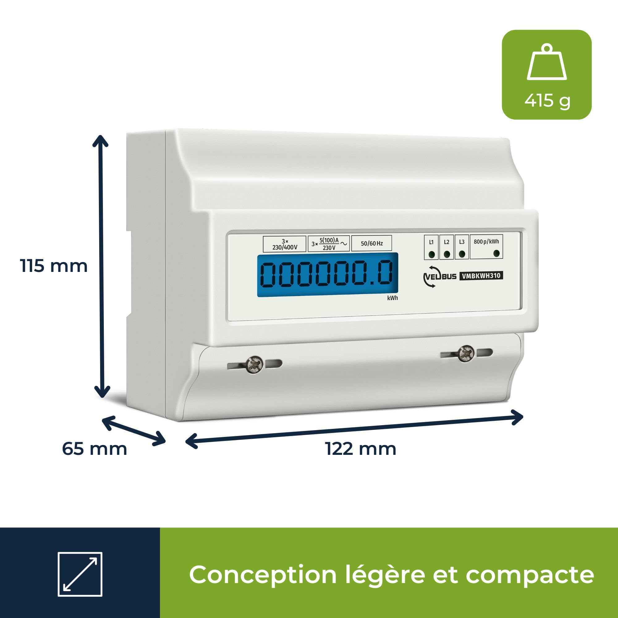 Velleman Compteur d'énergie triphasé, compteur électrique triphasé, delesteur electrique triphasé, compteur énergie, kWh, montage rail DIN, affichage LCD, LED, max. 100 A