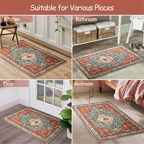 Lahome Boho Tribal Area Rug - 2X3 Distressed Small Entryway Rug Doormat Bohemian Faux Wool Non-Slip Washable Low-Pile Floor Carpet For Indoor Front Entrance Kitchen Bathroom thumb #8