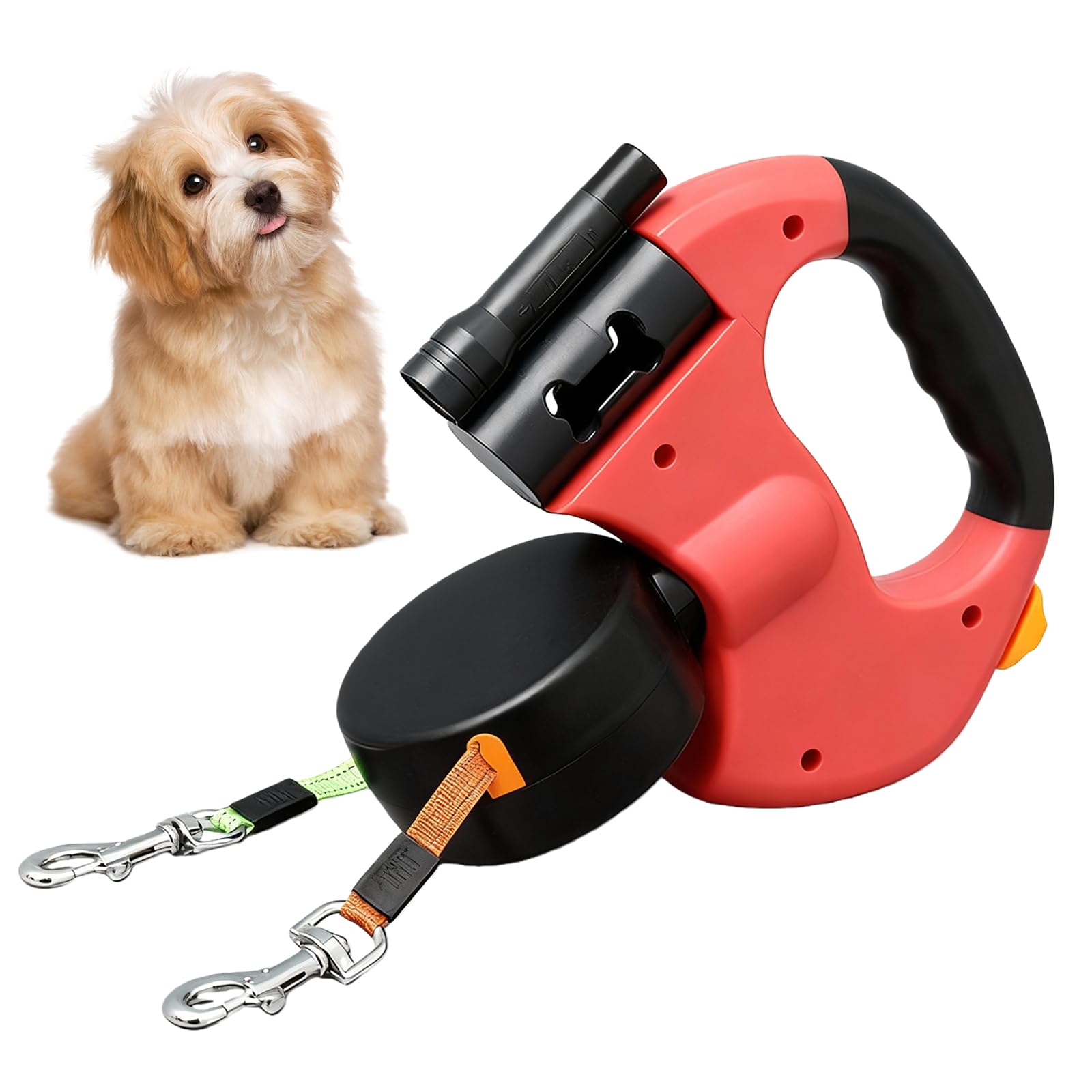BAIFULAI Laisse rétractable pour 2 chiens, 3 m, double laisse pour 2 chiens, avec lumière, poignée antidérapante, extensible, pour chiens de petite et moyenne taille, rouge