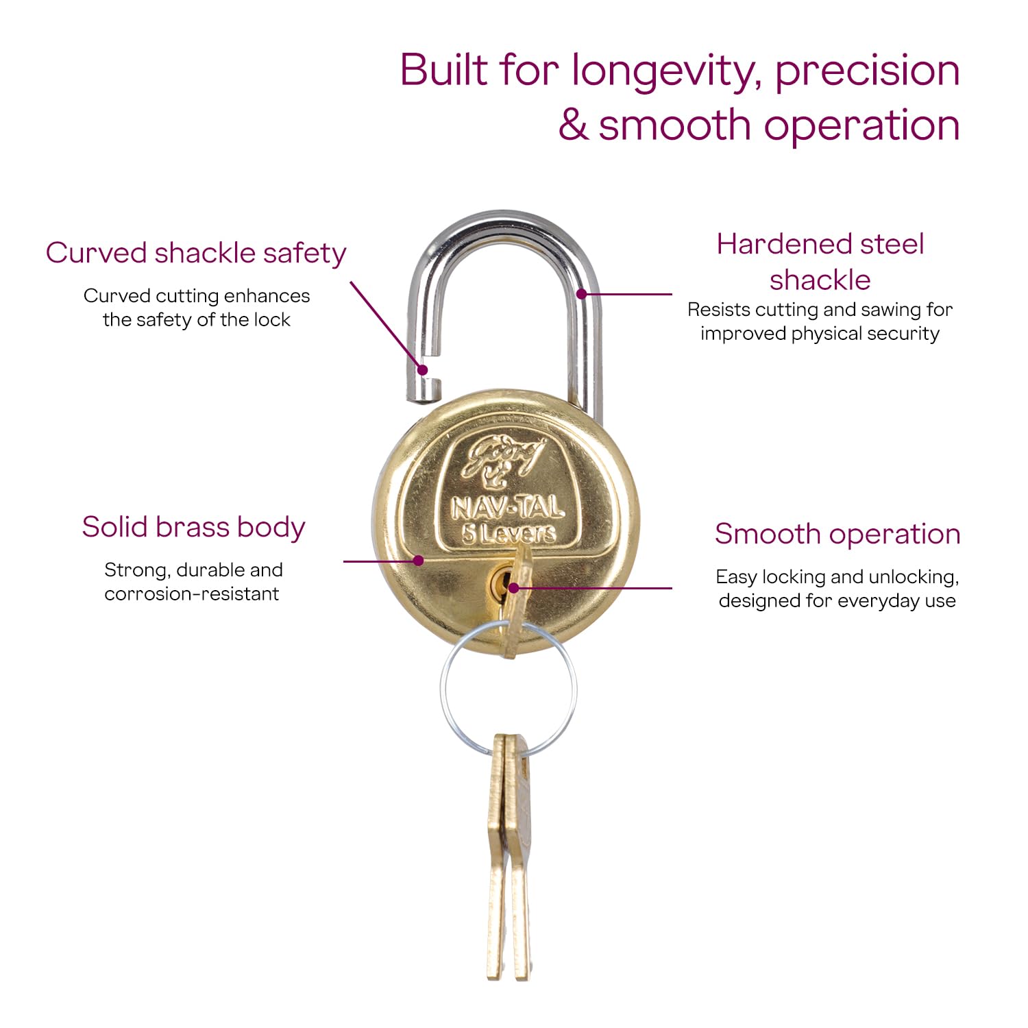 Godrej Padlock | Navtal 5 Lever Brass Padlock 40mm with 3 Keys | Strong Steel Shackle | Rust Resistant Lock for Main Door, Gates, Lockers, Cabinets, Travelling Bags & Tool Boxes | 1 Year Warranty — Amazon image 4
