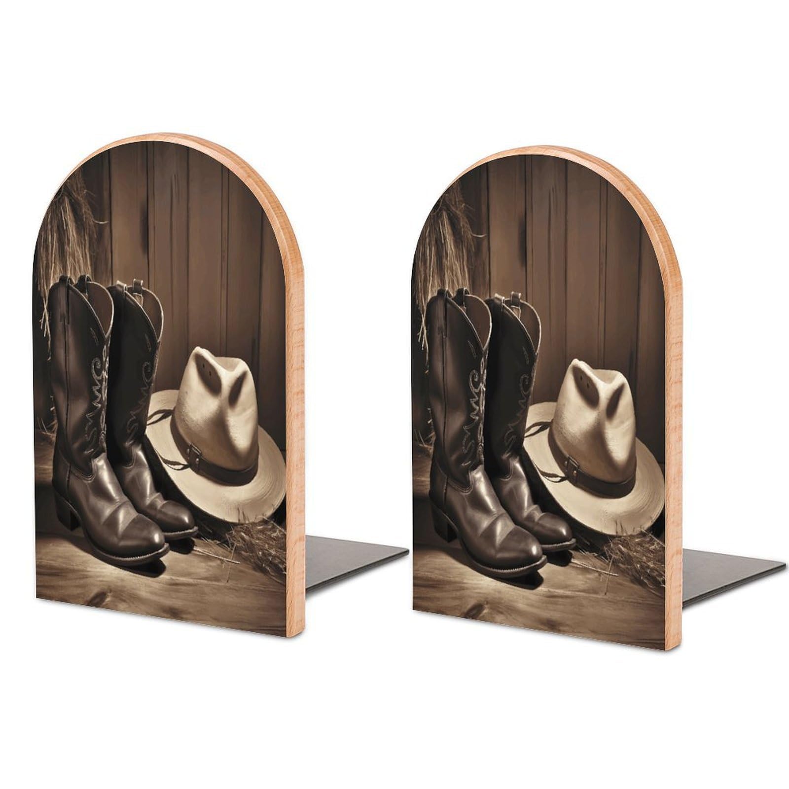 Cowboy Black Hat Western Boots Bookends Modern Bookends for Shelves Fashion Heavy Duty Book Stopper Sturdy Non-Skid Metal Base Wood Book Ends for Library Home Office 1 Pair