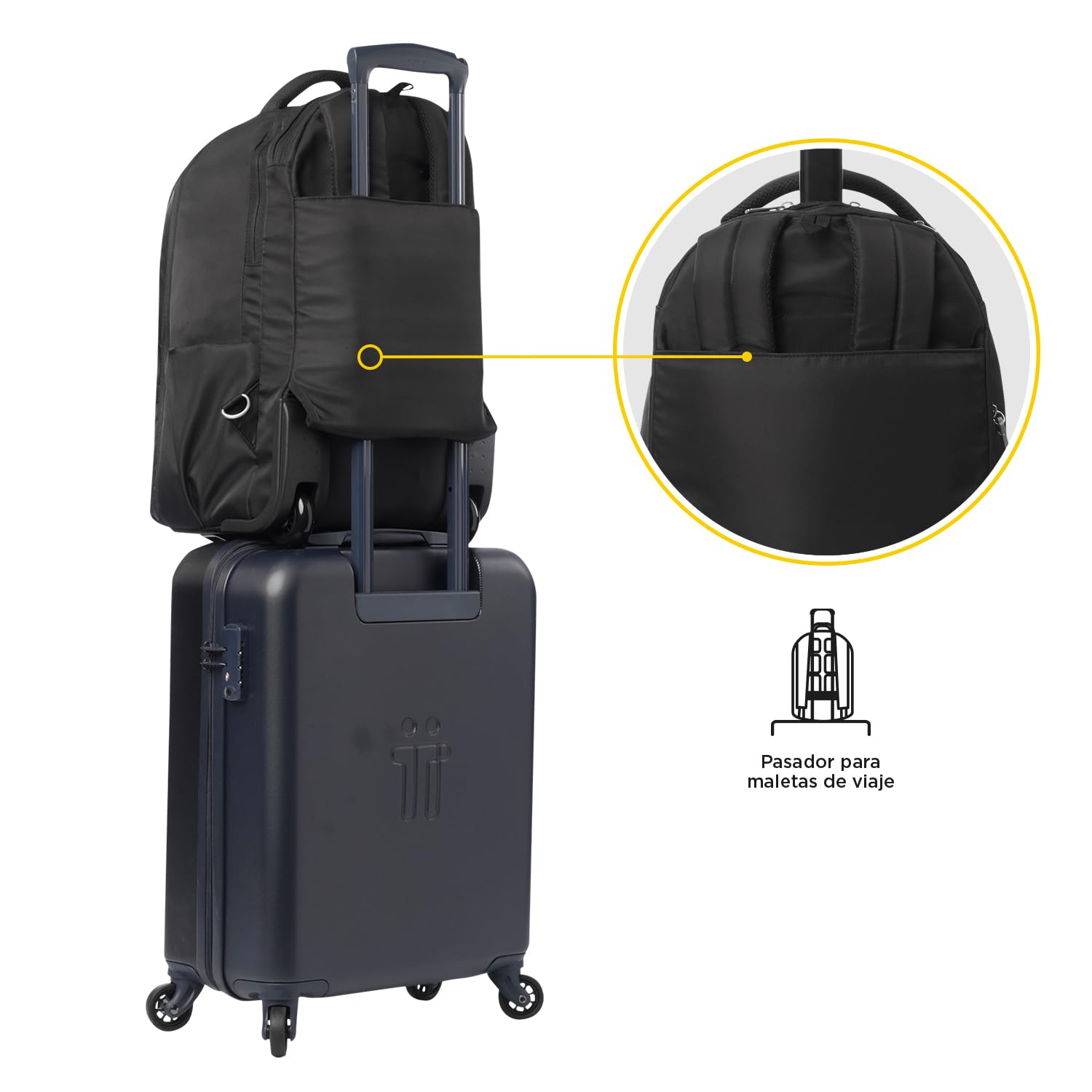 TOTTO - Mochila de Viaje con Ruedas, Modelo Trolley, Capacidad 22 L, Compartimento Pc 15”, Bolsillo para Botella, Bolsillo Interno Cremallera, Manija Telescópica, Pasador para Maleta, Color Negro