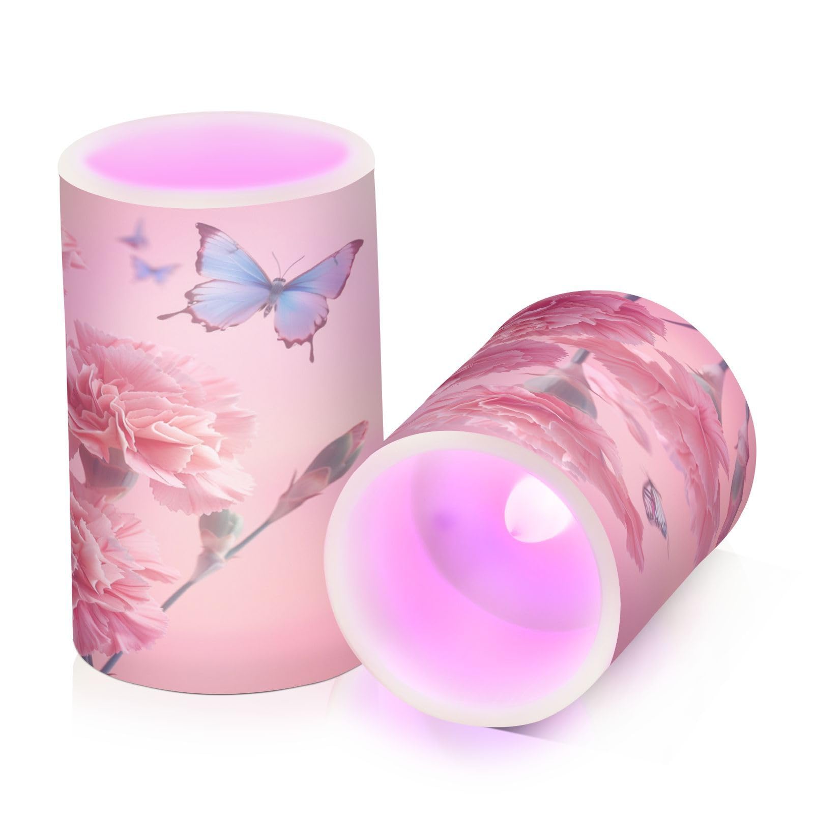 ALAZA Carnation Flowers with Butterflies Flickering Flameless Candles Battery Operated with Remote Timer,Tea Light Candles LED Pillar Votive Candles Set of 2 for Outdoor Indoor Decorations
