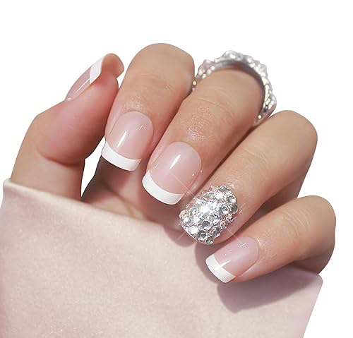 Miniatura 8 de Gufonkod Uñas postizas cuadradas medianas con punta francesa a presión, uñas adhesivas brillantes, uñas postizas de cobertura completa con diamantes