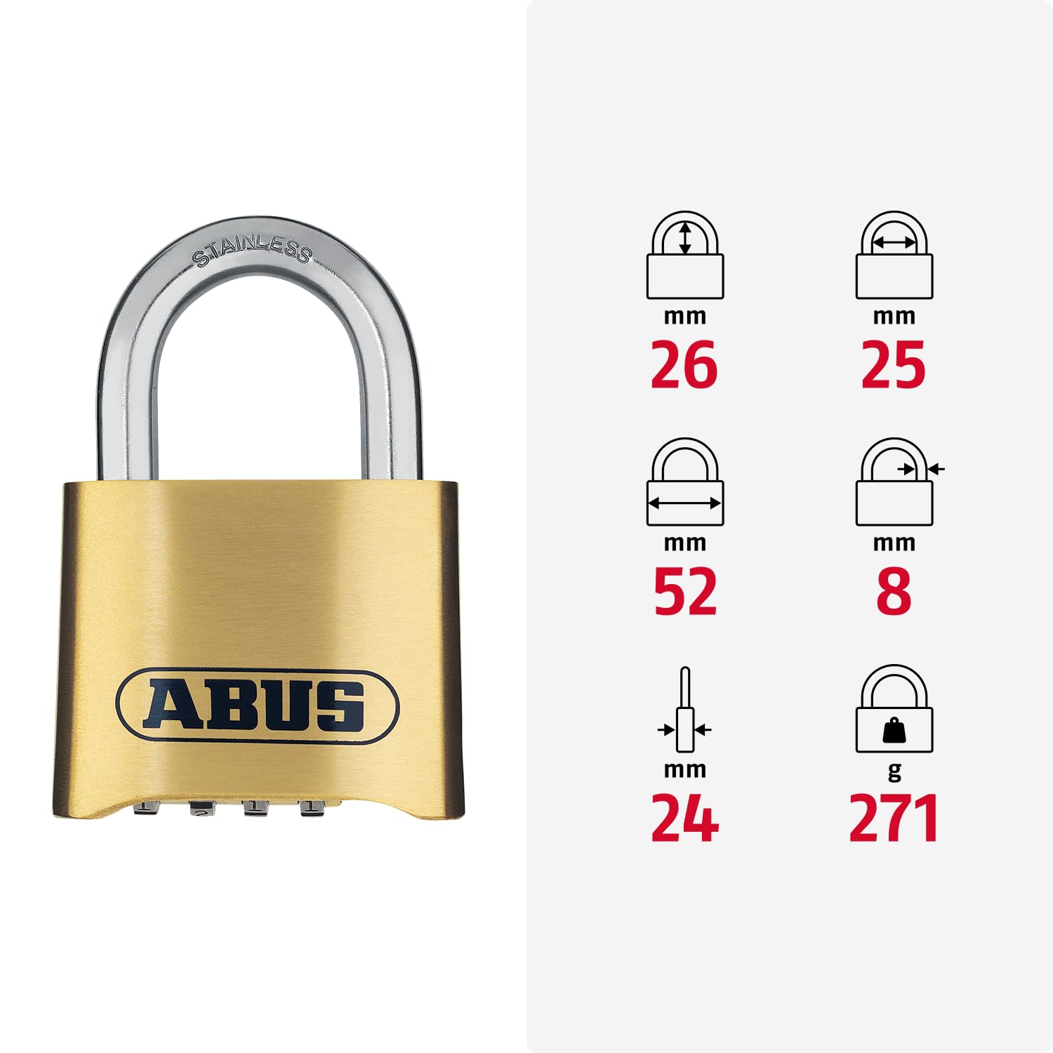 ABUS Candado de combinación 180IB/50 - candado de latón - resistente a la intemperie - con código numérico personalizable - nivel de seguridad ABUS 5 - color latón