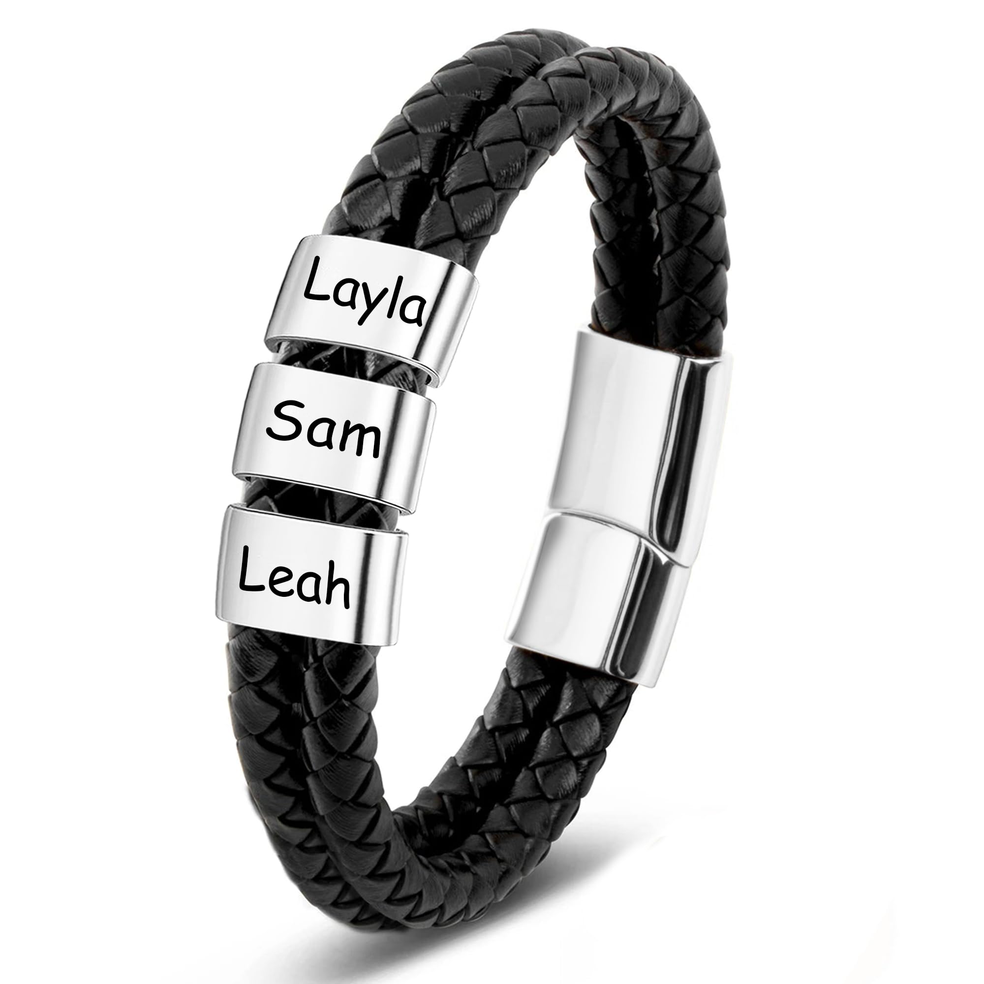 LASTSTA8 Custom Mens Bracelet with Famliy Name Adjustable Braided Leather Bracelets Personalized Fathers Day Dad Gifts from Daughter Son