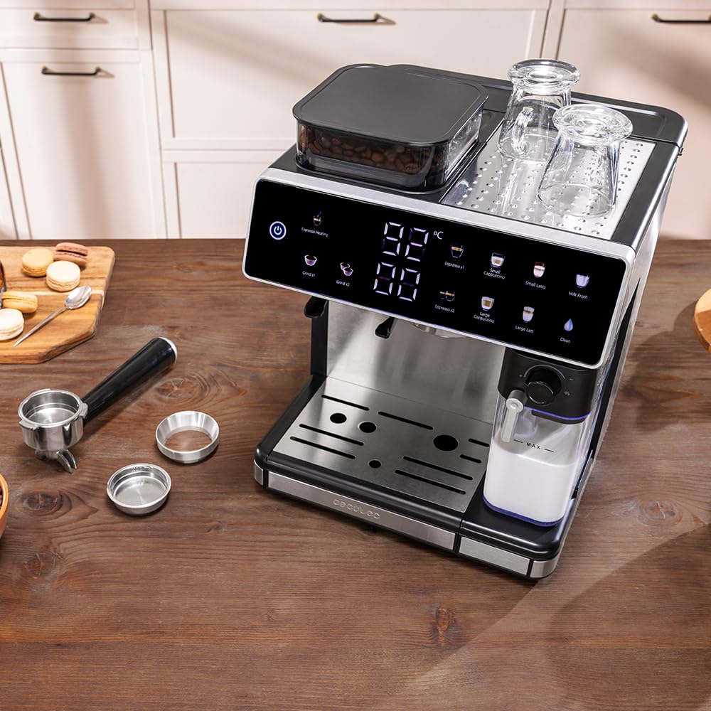 Cecotec Barista Power Espresso 20 Barista Grind & Latte Kaffeemaschine, 1350 W, 20 bar, konische Mühle, 2,6 l Wassertank, 100 g Kaffee und 500 ml Milch, Touchscreen, Selbstreinigung, personalisierbar