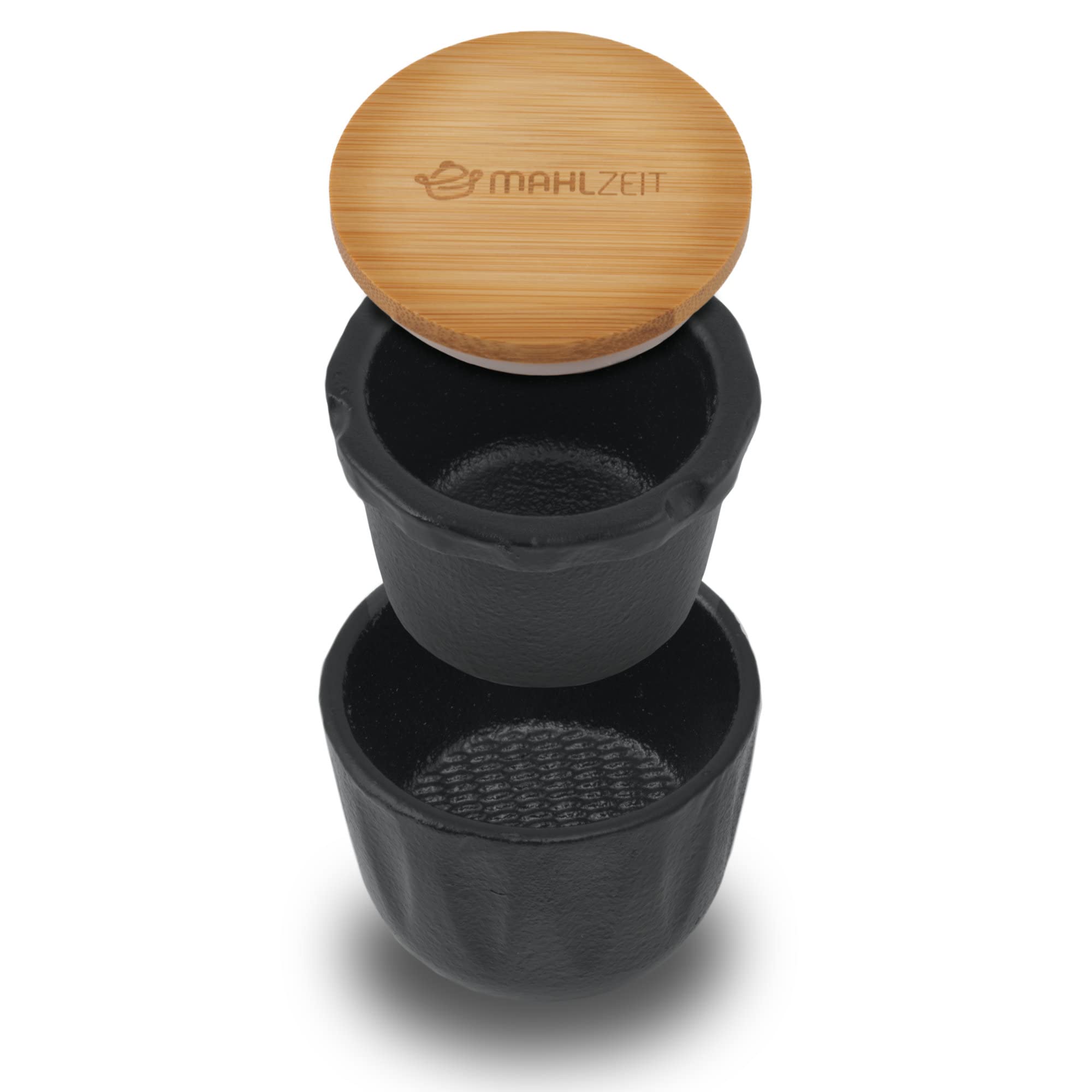 Mahlzeit Peppermill in ghisa | Ø 7,5 x (H) 8 cm | nero | coperchio in bambù con anello in silicone | macina spezie pepe mortaio erbe erbe aromatiche grattugia spezie mortaio in ghisa