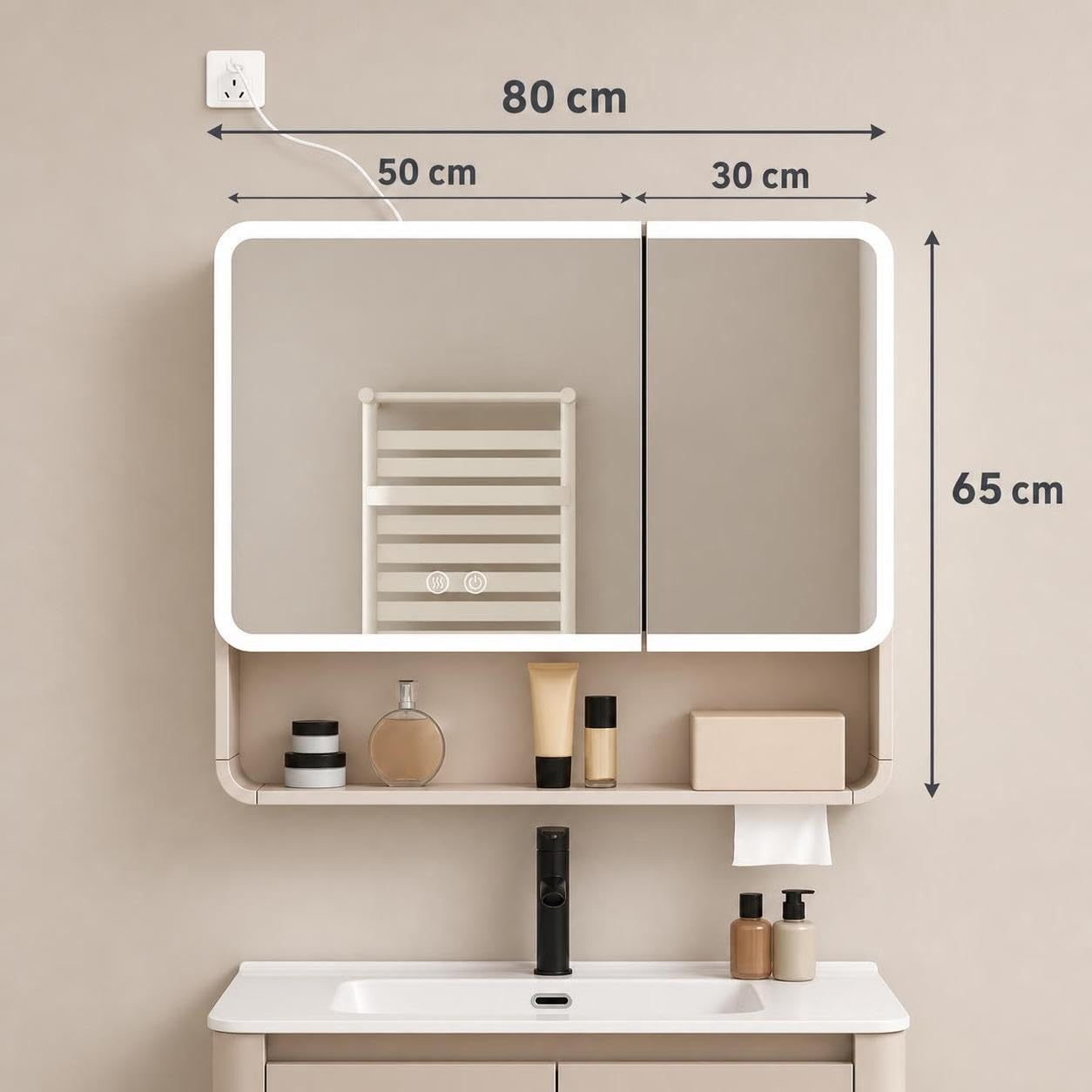 Armario con Espejo Inteligente para baño con Enchufe Integrado para secador de Pelo, Estante de Almacenamiento, Forma Redondeada, multifunción para Maquillaje