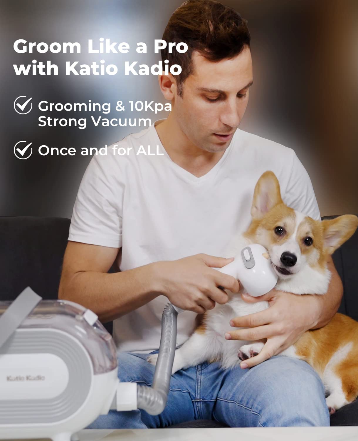 Katio Kadio Pet Grooming Vacuum for Dog - 60dB Low Noise Dog Grooming Vacuum Kit Suck in 99% Hair, Dog Grooming Tools for Shedding Small, Medium Dog Cat Thick Coat Hair (Gray)
