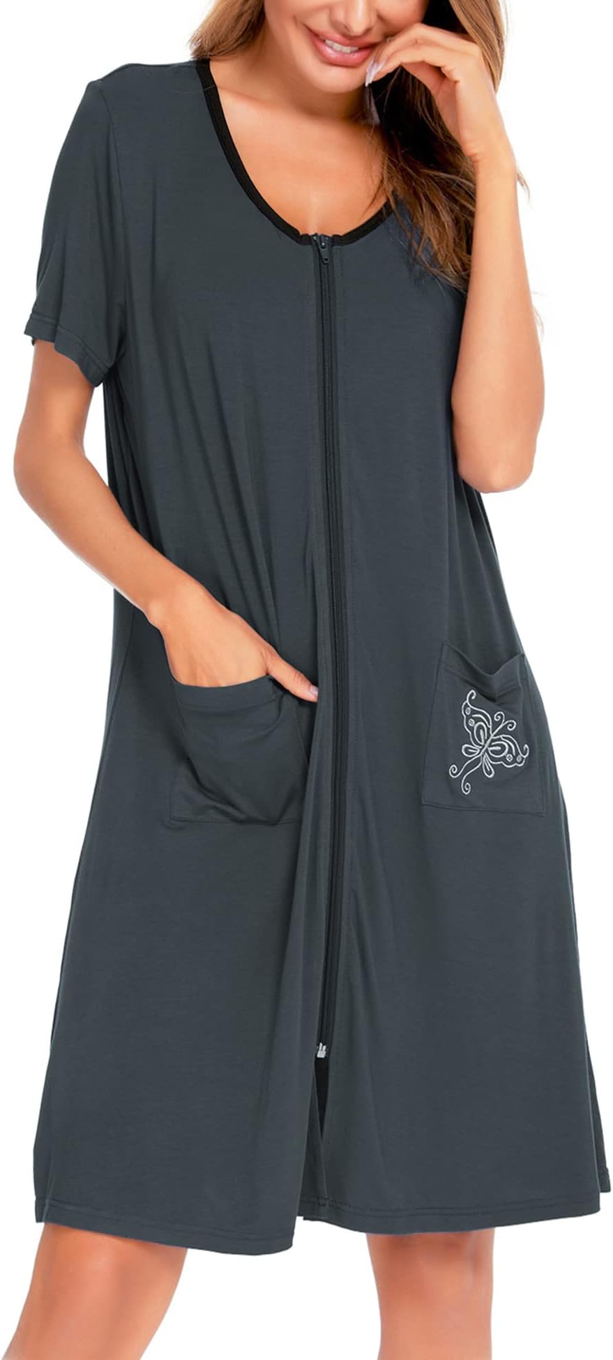 SWOMOGWomen's Zip Up Housecoat Zipper Front Robe Lightweight Bathrobe Short Sleeve Loungewear Nightgowns with Pockets