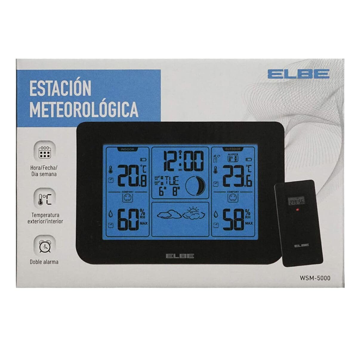 ELBE WSM-5000 STACJA METEOROLOGICZNA Z CZUJNIKIEM ZEWNĘTRZNYM MIEDZIEŻY TEMPERATURA, WILGOŚĆ, FAZY KSIĘŻYCOWE, TRENDY CZASOWE, NIEBIESKIE ŚWIATŁO