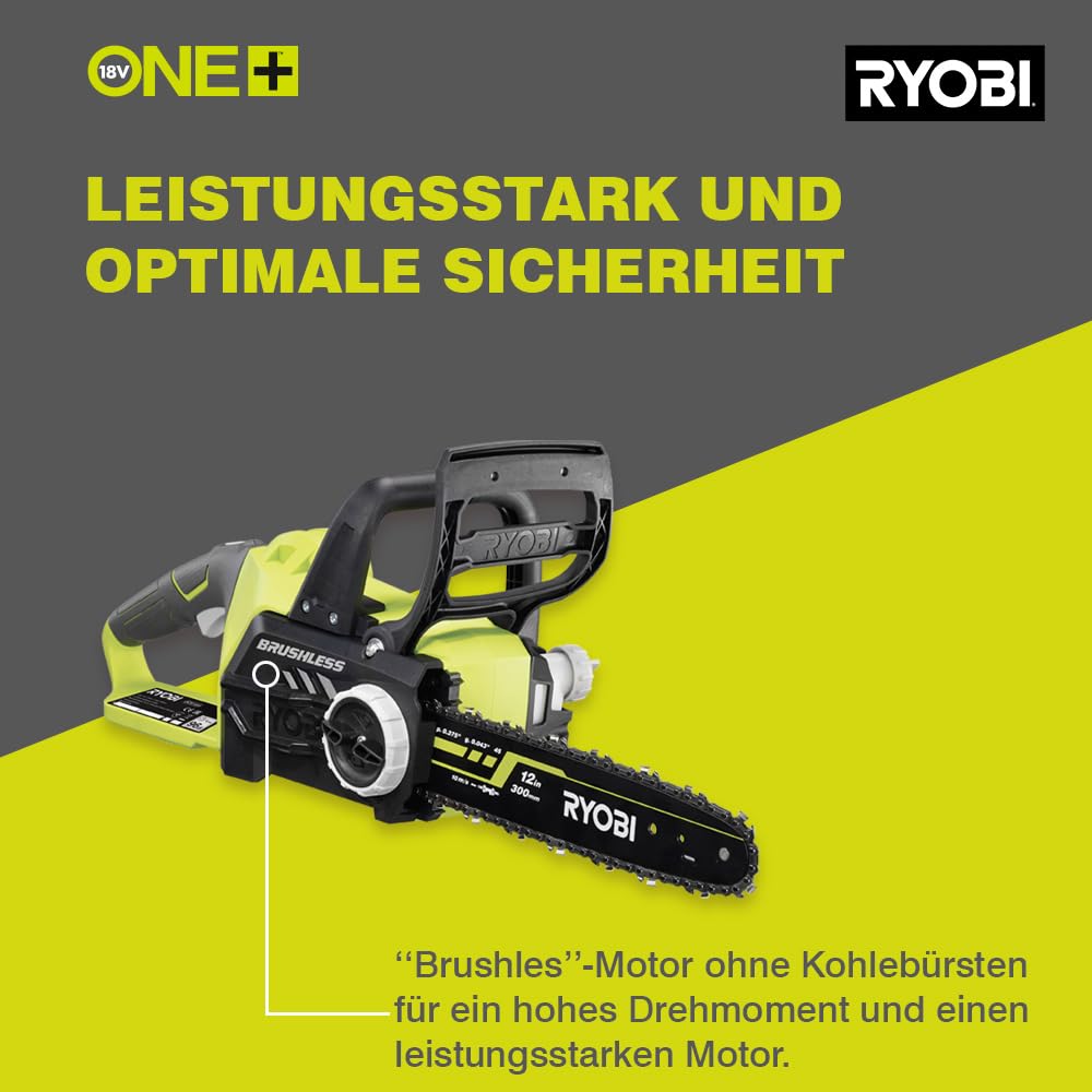 RYOBI 18 V ONE+ Brushless Akku-Kettensäge OCS1830, Schwertlänge 30 cm, bürstenloser Motor, werkzeugloses Kettenspannen, ohne Akku und Ladegerät
