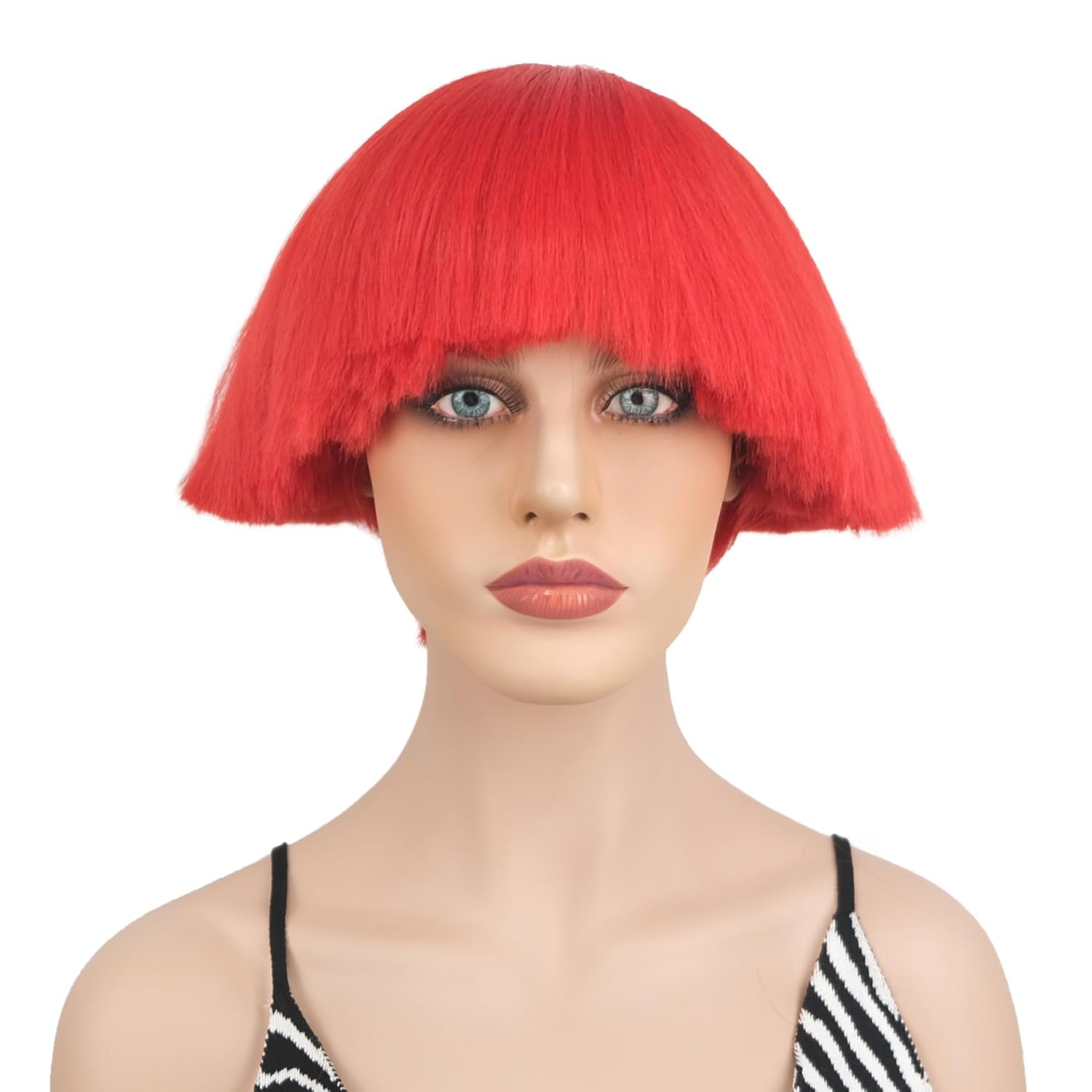 Wiginway Bowl Cut Costume Wig, Mushroom Cut Wigs for Male Women, Short Yaki Straight Fluffy Wigs, Red