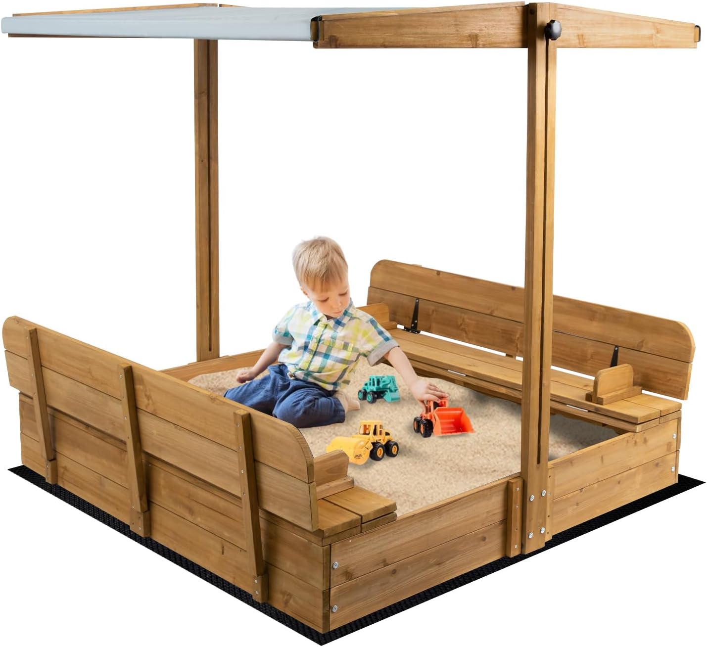 Kids Sand Box with Cover，Wooden Outdoor Sandbox with Lid，Foldable Bench Seat/Adjustable Canopy，UV-Protection &Natural Wood，Sand Box for Kids Ages 2-8（47x47in）