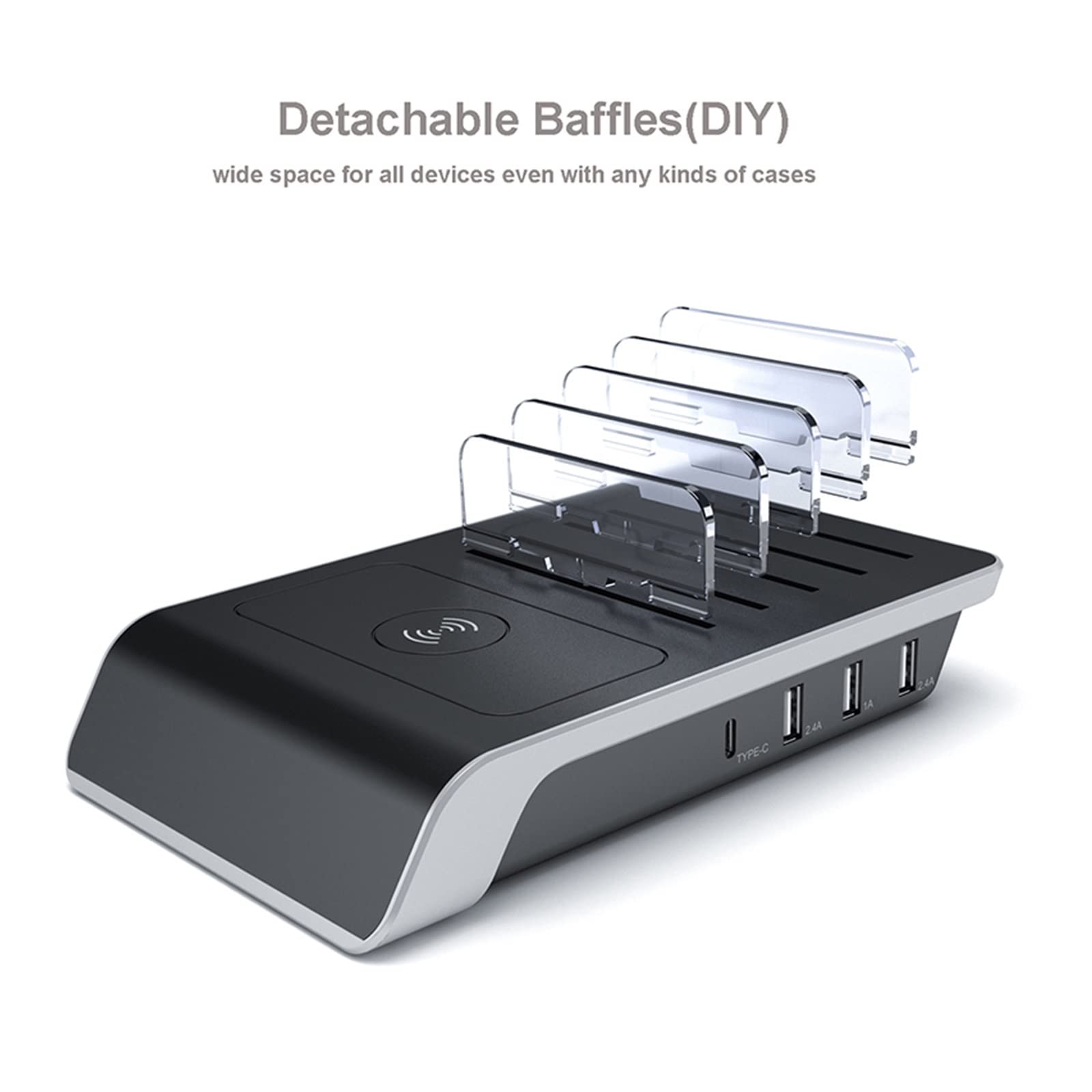 Stazione di Ricarica, Stazione di ricarica USB da 45 W a 4 porte Uscita tipo C Caricabatterie wireless Qi universale Docking station for più dispositivi