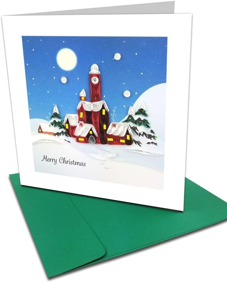 Santa's Village Merry Christmas Quilling Greeting Card, 6x6 with Envelope. Blank Inside. Hand-made. Suitable for Framing.