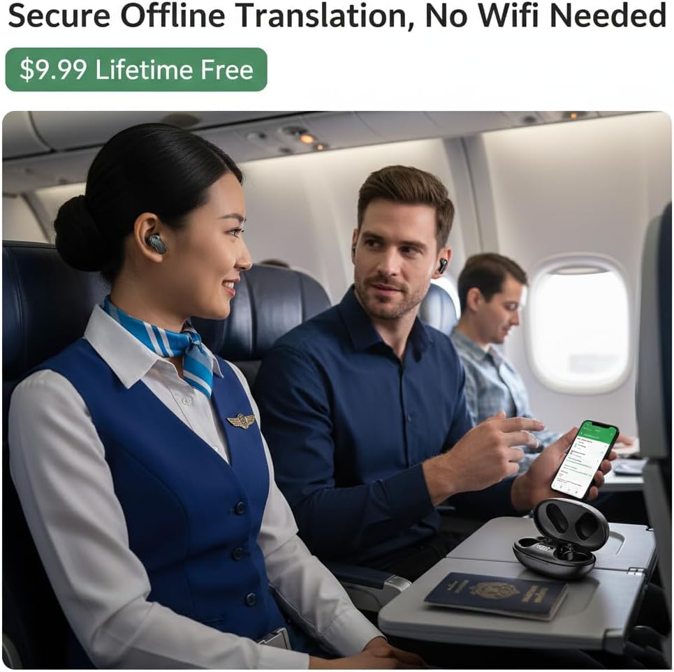 Two people on an airplane using NVAHVA A68 earbuds for offline translation with a smartphone