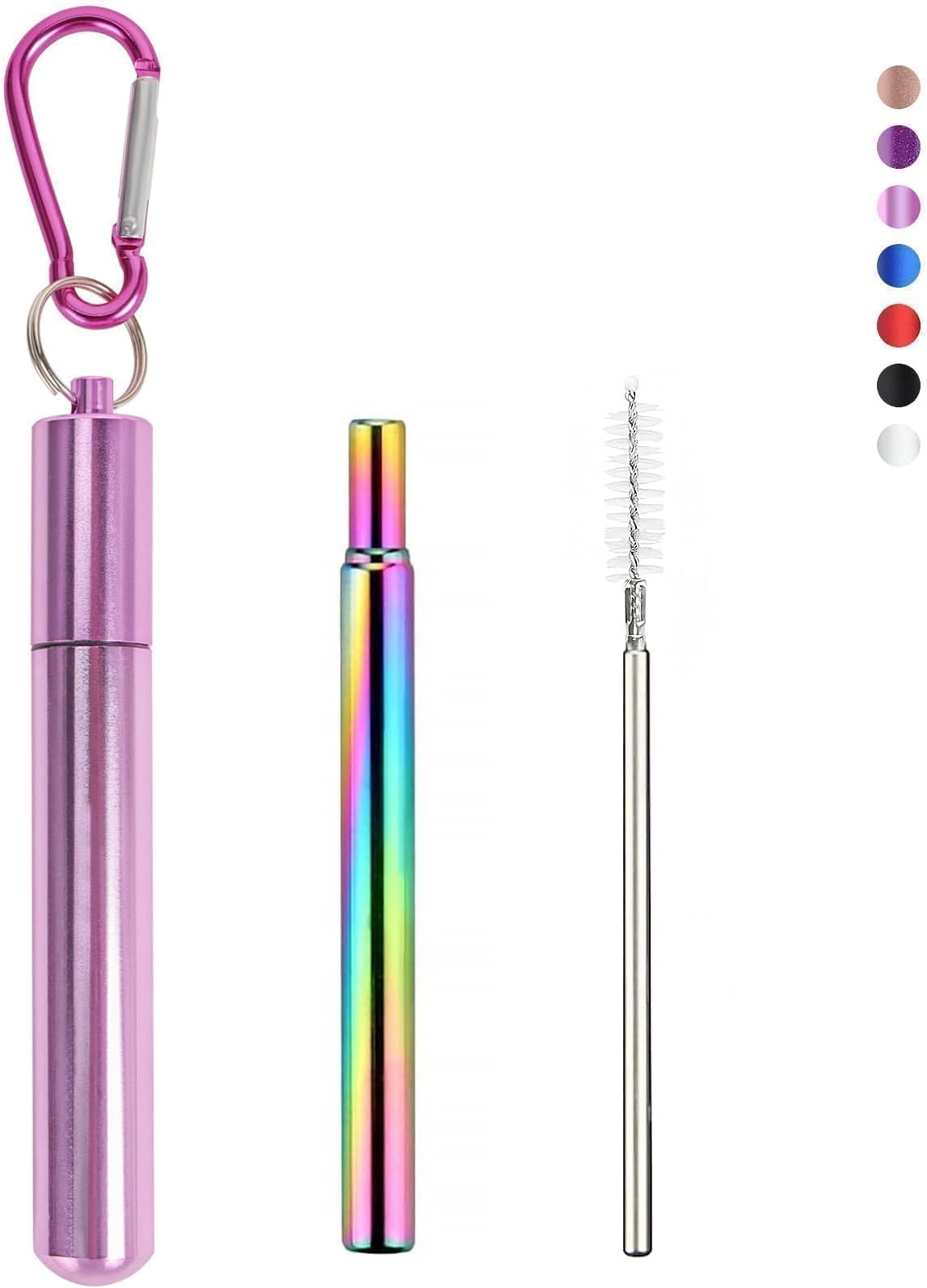 1 Pack Metal Straws, Reusable Straws with 1 Aluminum Case, 1 Cleaning Brush, and 1 Keychains, for Cruise Ship Essentials, Travel Essentials(Pink)