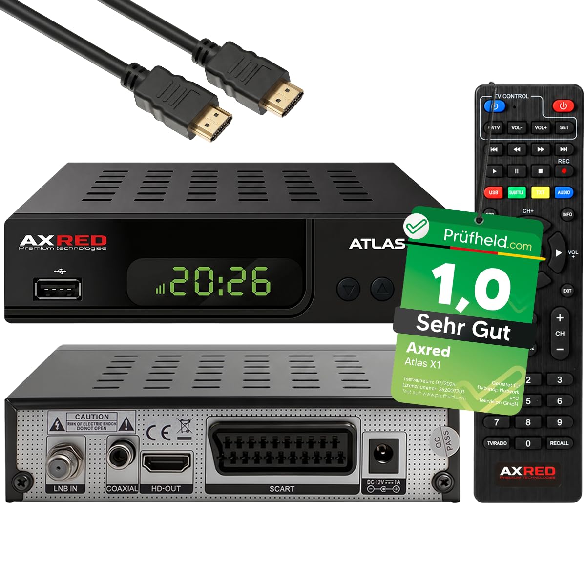 AXRED Atlas X1 + cable HDMI, receptor de satélite HD con función de grabación, Full HDTV, receptor de satélite digital para antena parabólica, TV satélite, receptores HD