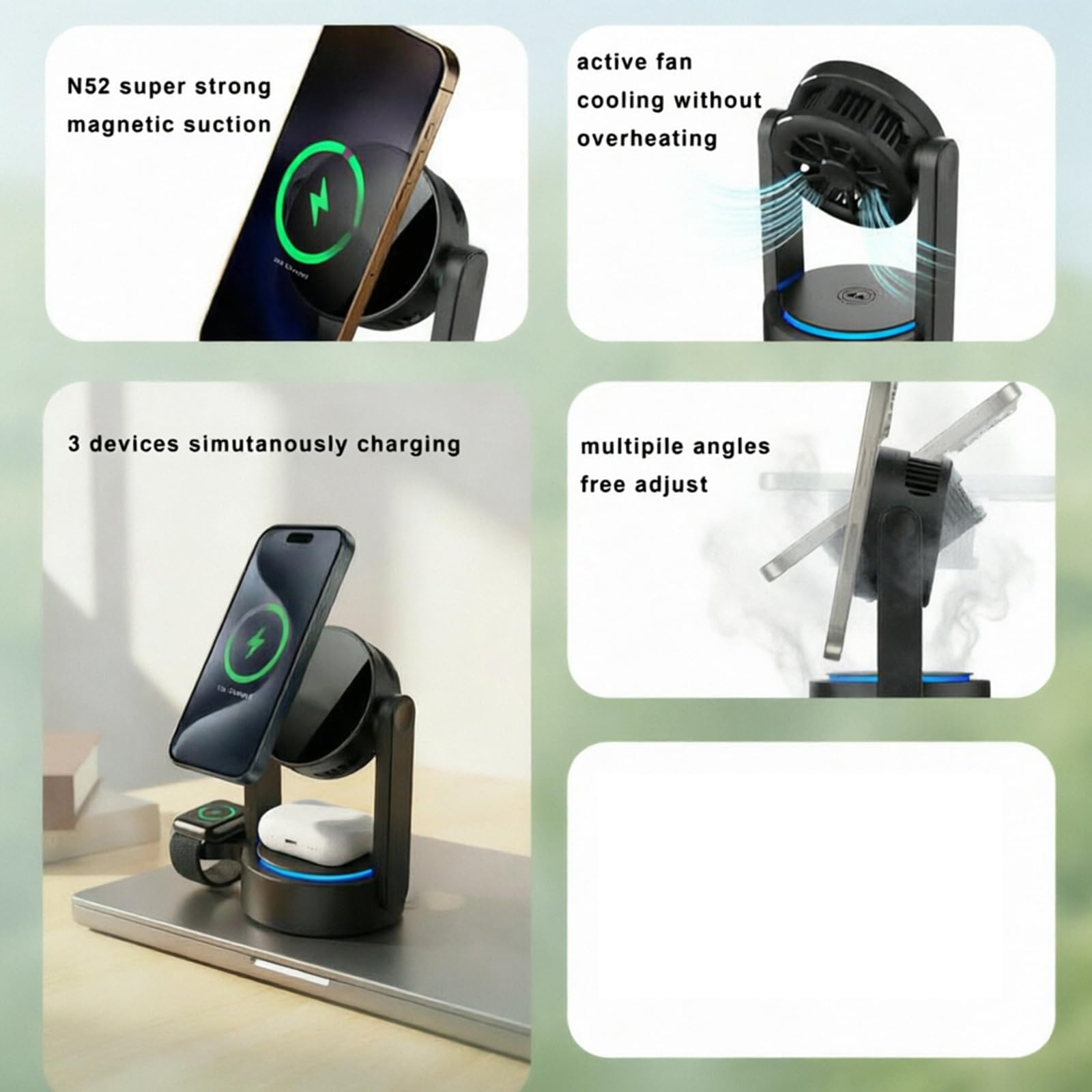 3 in 1 Desktop Charging Pad Stand per Telefono Orologio Auricolari Ricarica Rapida con Indicatori LED Desktop Pad