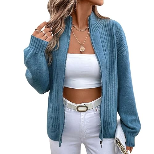 DKE&YMQ Damen Strickjacke mit blauem Kragen, gestreift, dreidimensional, Jacquard, lockerer Metall-Reißverschluss, Pullover, Mantel, Herbst und Winter