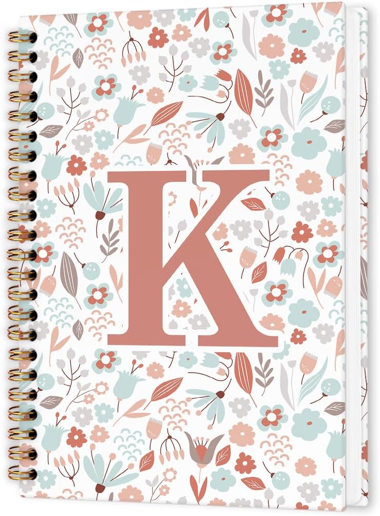 nvucamd Custom Initial K Spiral Notebook, Monogram Floral Journal Notebook, Personalized Letter Journaling Notebooks for Women Girls, Aesthetic Monogrammed Gifts Office Supplies, 5.5x8.9inch