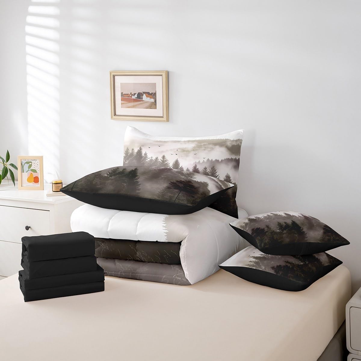 Erosebridal Green Smoky Forest 7 Pcs Bedding Set Twin Size,Nature Mountain Comforter Set with Sheets for Kids Boys Girls Teens Men Rustic Room Decor, Woodland Trees Bed in A Bag Plant Scenery Bedding