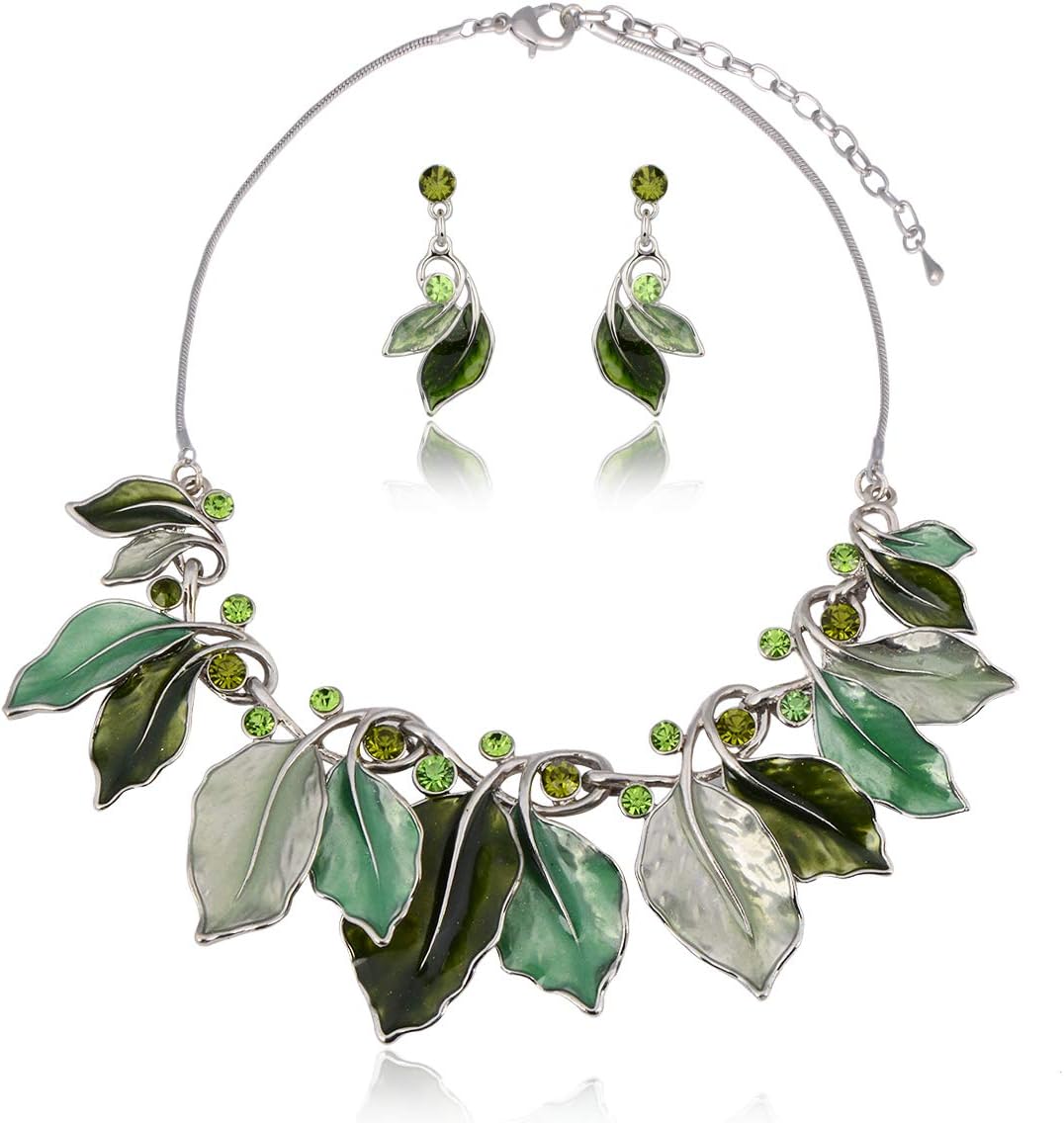 AMYJANE Vintage Statement Jewelry Set - Spring Leaf Flower Floral Plant Necklace Earring Set Crystal Rhinestone Fashion Costume Jewelry for Women Prom Party Unique Gift