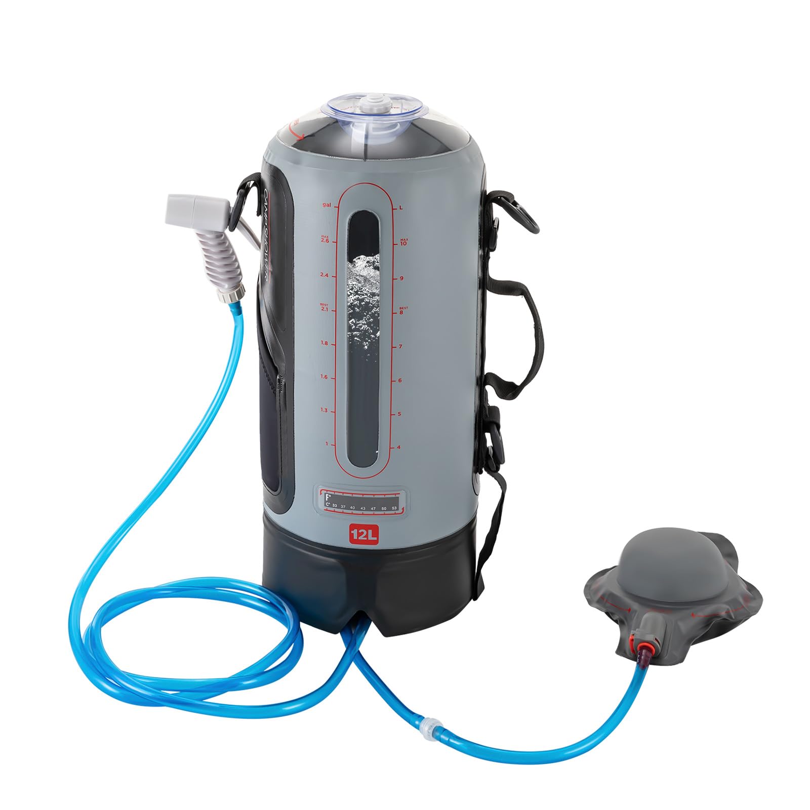Camping Shower, Portable Pressure Camp Shower, 12L/3gallon Solar Shower with Detachable Shoulder Strap, Storage Bag, Air Pump, Hose with Showerhead Portable Camp Shower for Trips, Outdoor Picnics